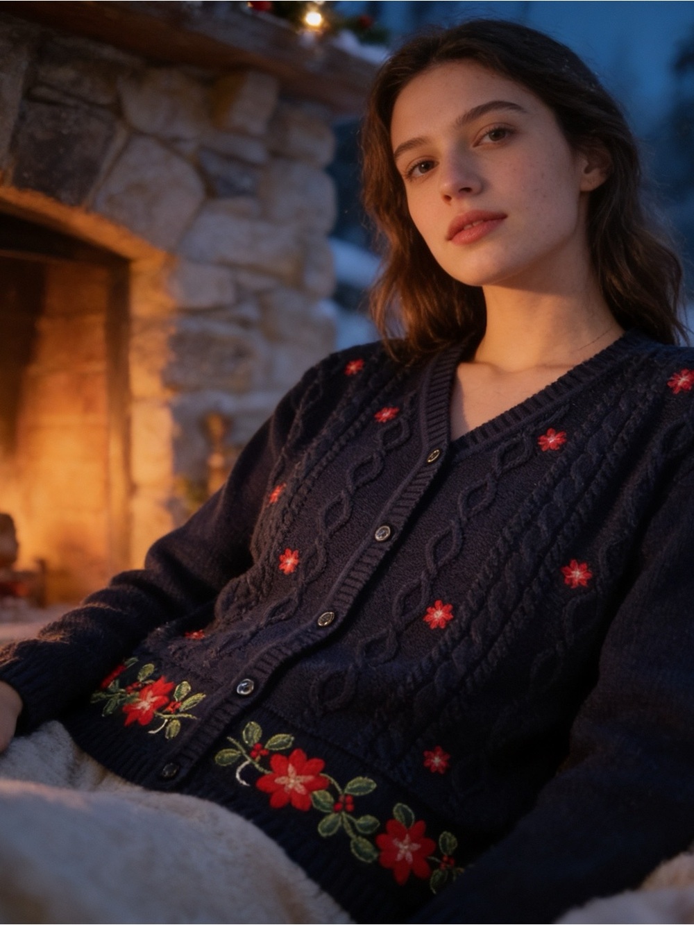 Liz Claiborne Navy Floral Embroidered Cotton Cardigan